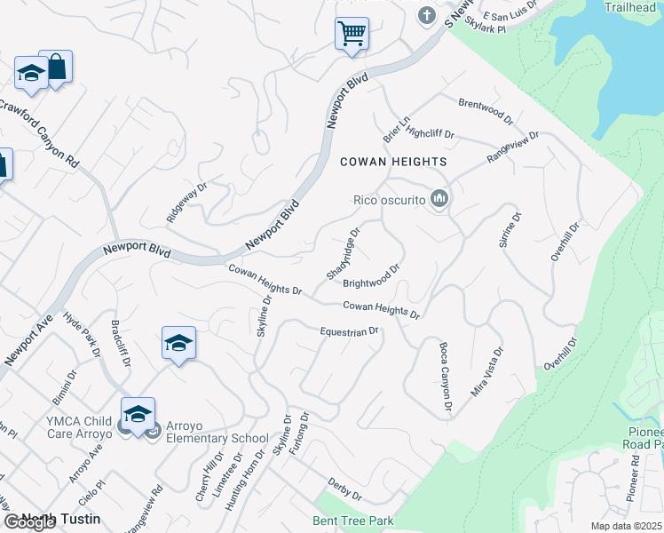 map of restaurants, bars, coffee shops, grocery stores, and more near 10461 Shadyridge Drive in Santa Ana