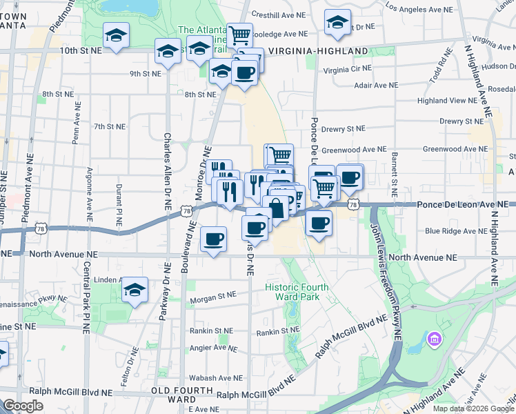 map of restaurants, bars, coffee shops, grocery stores, and more near 600 Ponce De Leon Avenue Northeast in Atlanta