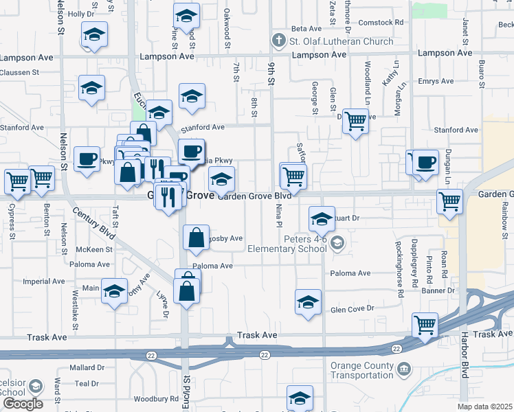 map of restaurants, bars, coffee shops, grocery stores, and more near 11422 West Garden Grove Boulevard in Garden Grove