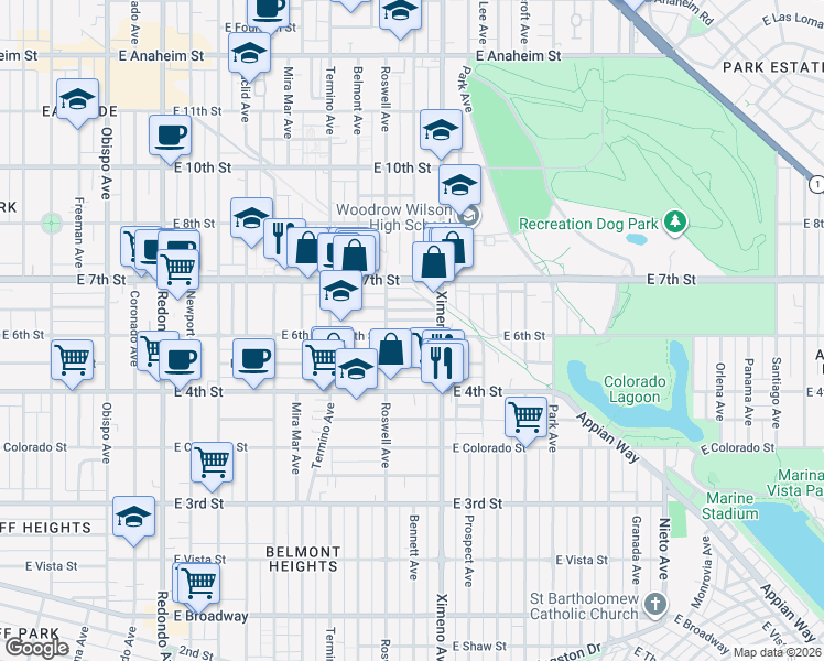 map of restaurants, bars, coffee shops, grocery stores, and more near 4245 East 6th Street in Long Beach