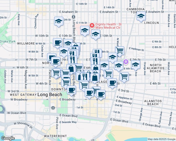map of restaurants, bars, coffee shops, grocery stores, and more near 535 Linden Avenue in Long Beach
