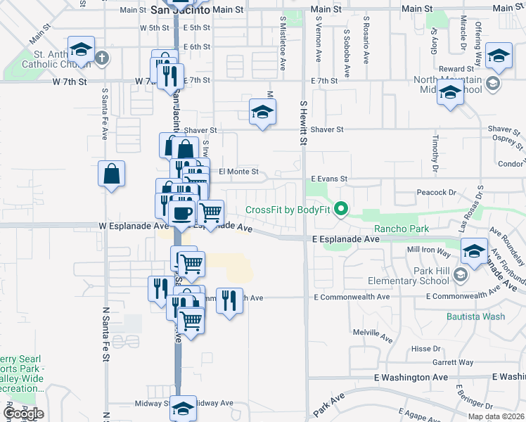 map of restaurants, bars, coffee shops, grocery stores, and more near 1420 Monroe Circle in San Jacinto