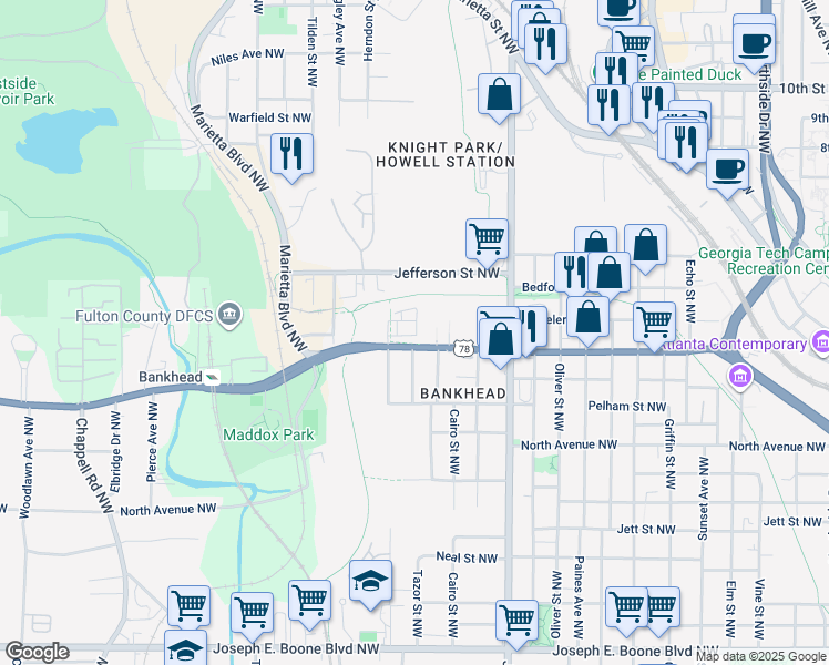map of restaurants, bars, coffee shops, grocery stores, and more near in Atlanta