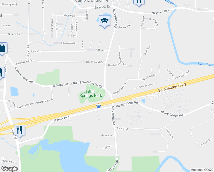 map of restaurants, bars, coffee shops, grocery stores, and more near 7388 Mount Vernon Road in Lithia Springs