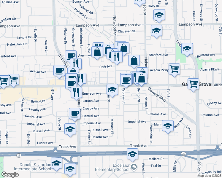 map of restaurants, bars, coffee shops, grocery stores, and more near 10215 Andy Reese Court in Garden Grove