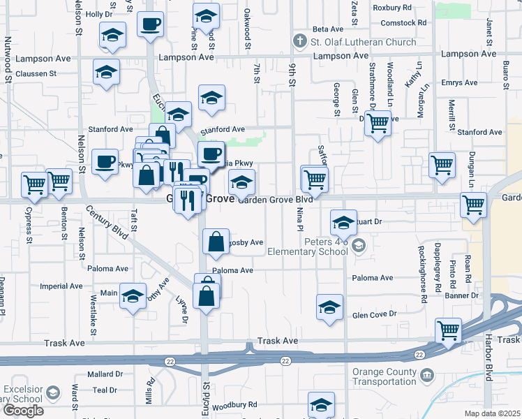 map of restaurants, bars, coffee shops, grocery stores, and more near 11362 Garden Grove Boulevard in Garden Grove