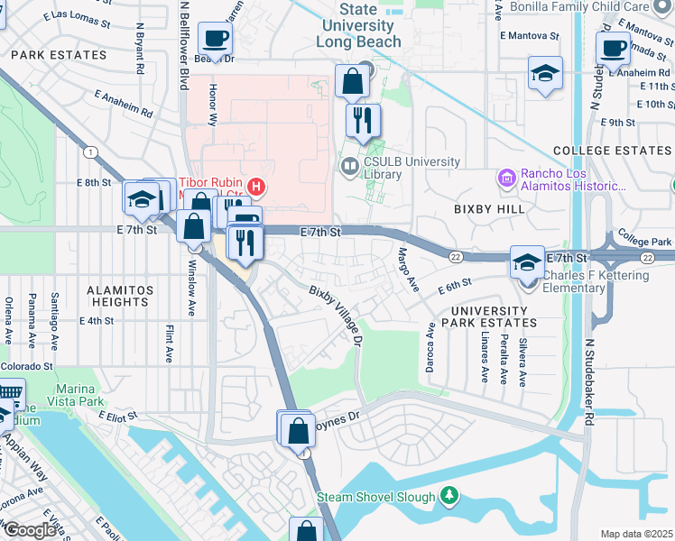 map of restaurants, bars, coffee shops, grocery stores, and more near 500 Stoneham Court in Long Beach