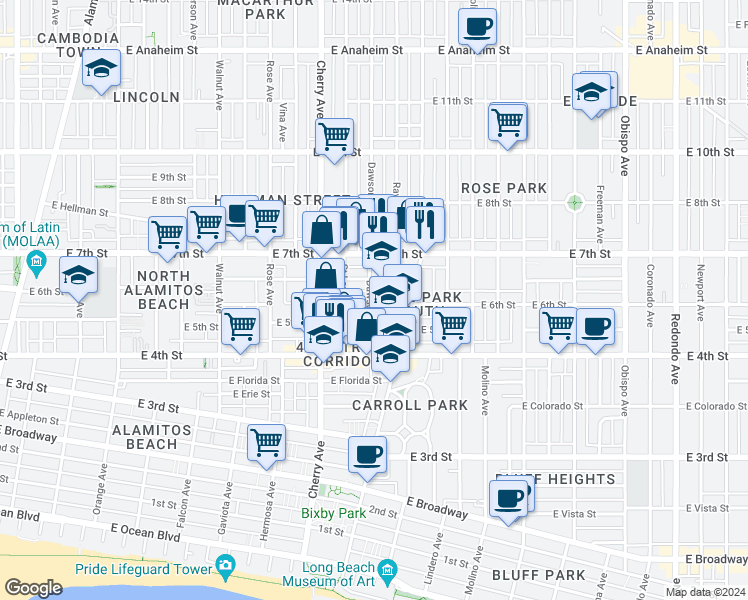 map of restaurants, bars, coffee shops, grocery stores, and more near 600 Dawson Avenue in Long Beach