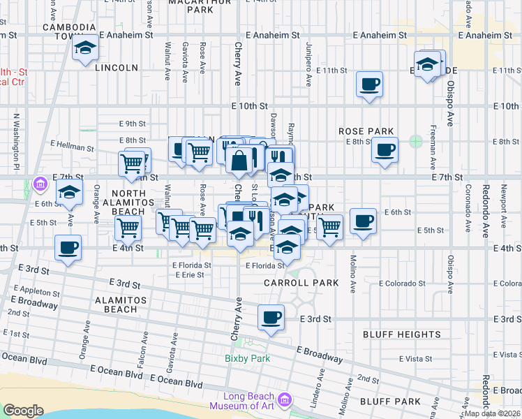map of restaurants, bars, coffee shops, grocery stores, and more near 535 Saint Louis Avenue in Long Beach