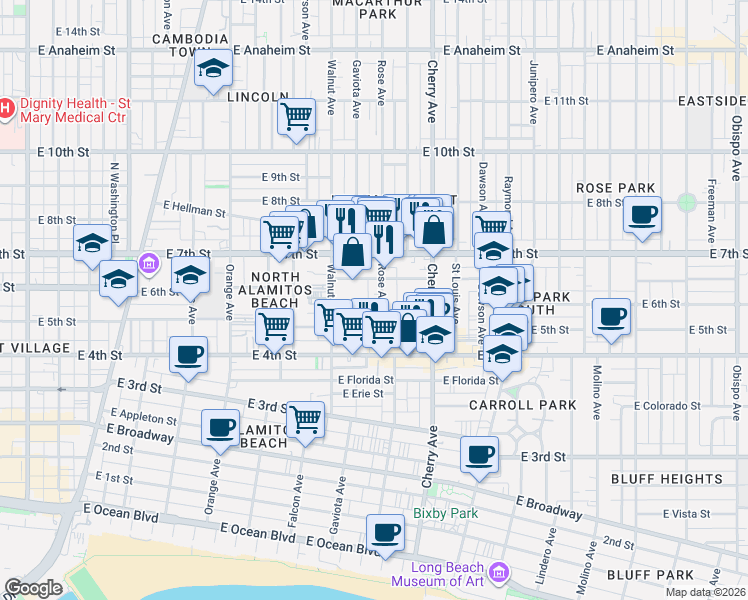 map of restaurants, bars, coffee shops, grocery stores, and more near 527 Rose Avenue in Long Beach