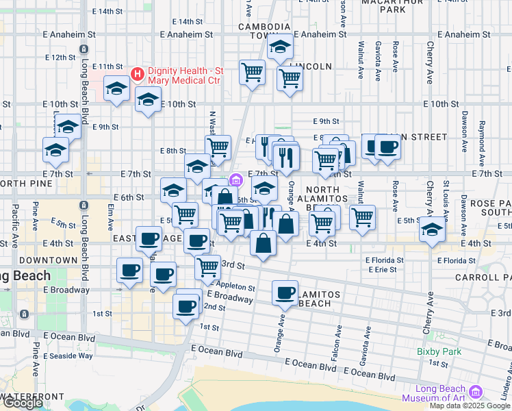 map of restaurants, bars, coffee shops, grocery stores, and more near 1036 East 6th Street in Long Beach