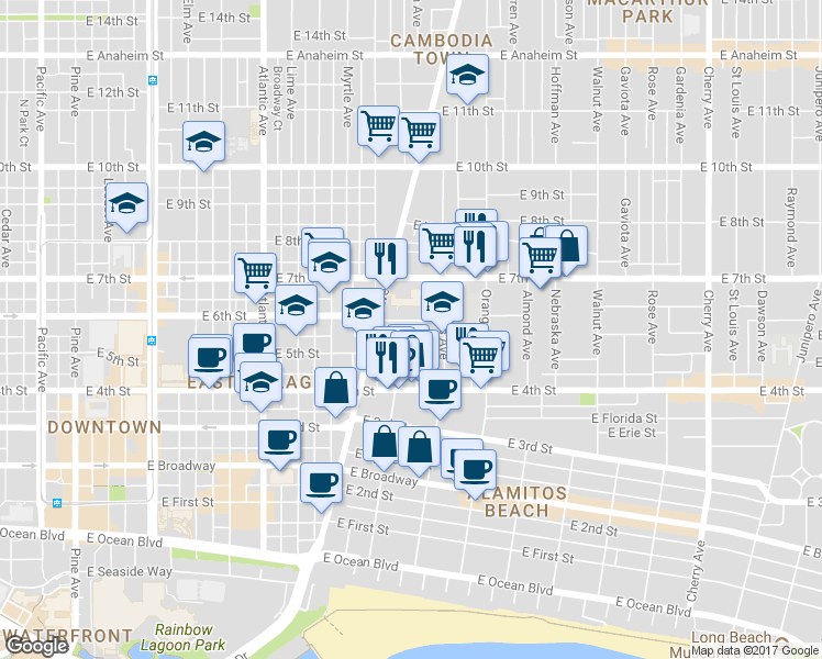 map of restaurants, bars, coffee shops, grocery stores, and more near 1036 East 6th Street in Long Beach
