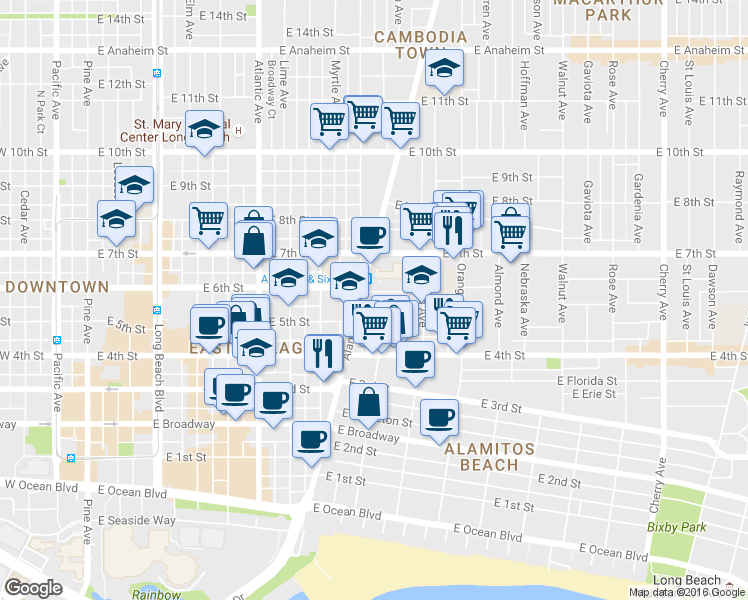 map of restaurants, bars, coffee shops, grocery stores, and more near in Long Beach