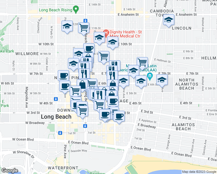 map of restaurants, bars, coffee shops, grocery stores, and more near 553 Linden Avenue in Long Beach