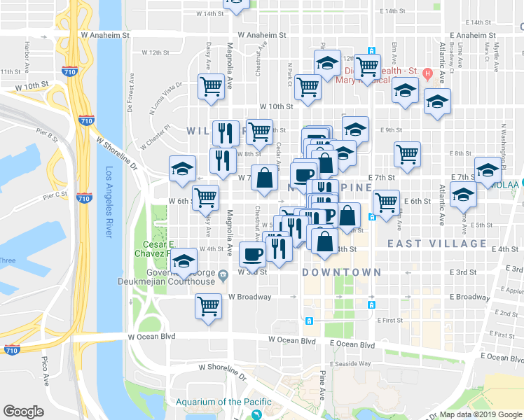 map of restaurants, bars, coffee shops, grocery stores, and more near 314 West 6th Street in Long Beach
