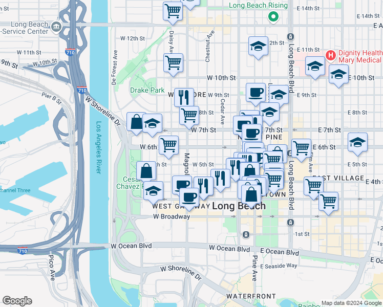 map of restaurants, bars, coffee shops, grocery stores, and more near 545 Chestnut Avenue in Long Beach