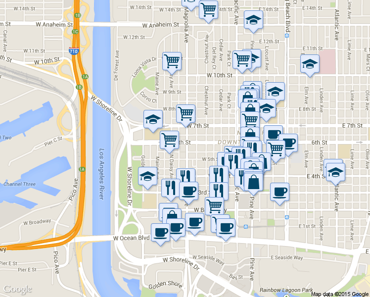 map of restaurants, bars, coffee shops, grocery stores, and more near 535 Magnolia Avenue in Long Beach
