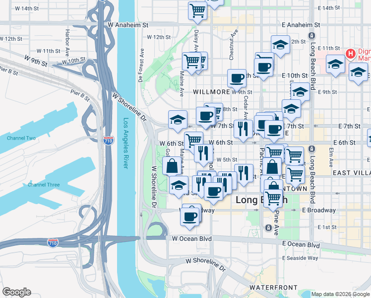 map of restaurants, bars, coffee shops, grocery stores, and more near in Long Beach