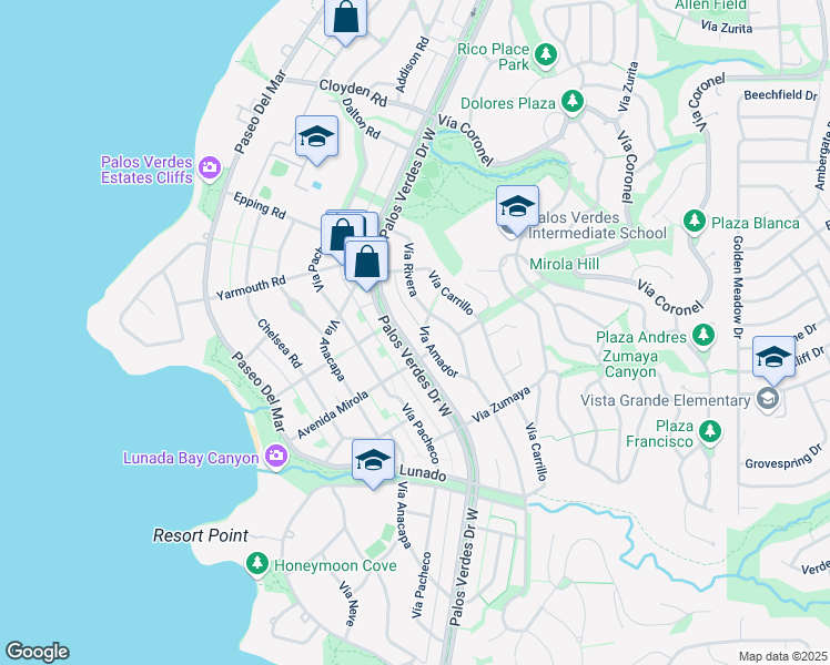 map of restaurants, bars, coffee shops, grocery stores, and more near 2400 Palos Verdes Drive West in Palos Verdes Estates