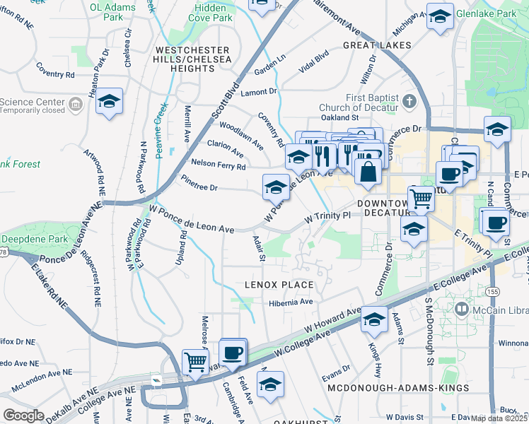 map of restaurants, bars, coffee shops, grocery stores, and more near 639 West Ponce de Leon Avenue in Decatur