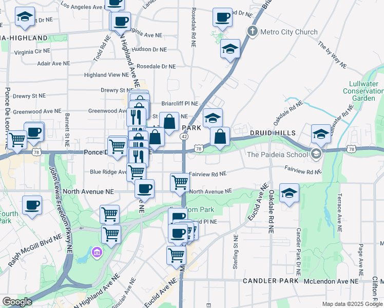 map of restaurants, bars, coffee shops, grocery stores, and more near 1200 Ponce De Leon Avenue Northeast in Atlanta