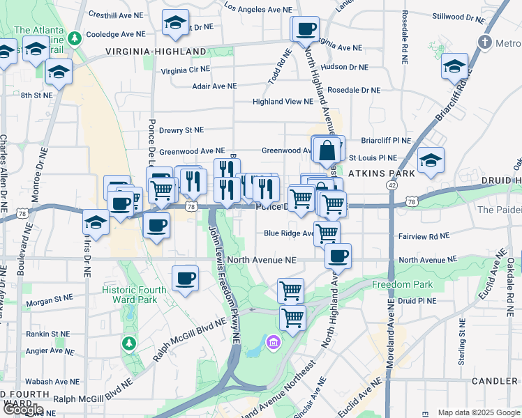 map of restaurants, bars, coffee shops, grocery stores, and more near 928 Ponce De Leon Avenue Northeast in Atlanta