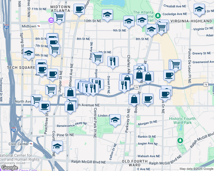map of restaurants, bars, coffee shops, grocery stores, and more near 331 4th Street Northeast in Atlanta