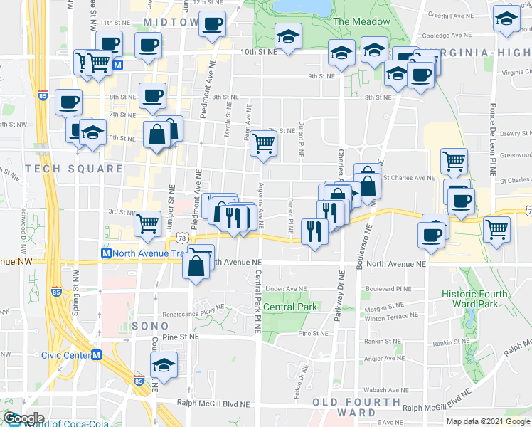 map of restaurants, bars, coffee shops, grocery stores, and more near 710 Argonne Avenue Northeast in Atlanta