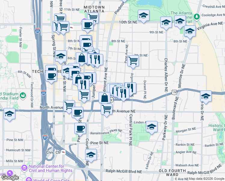map of restaurants, bars, coffee shops, grocery stores, and more near 698 Myrtle Street Northeast in Atlanta
