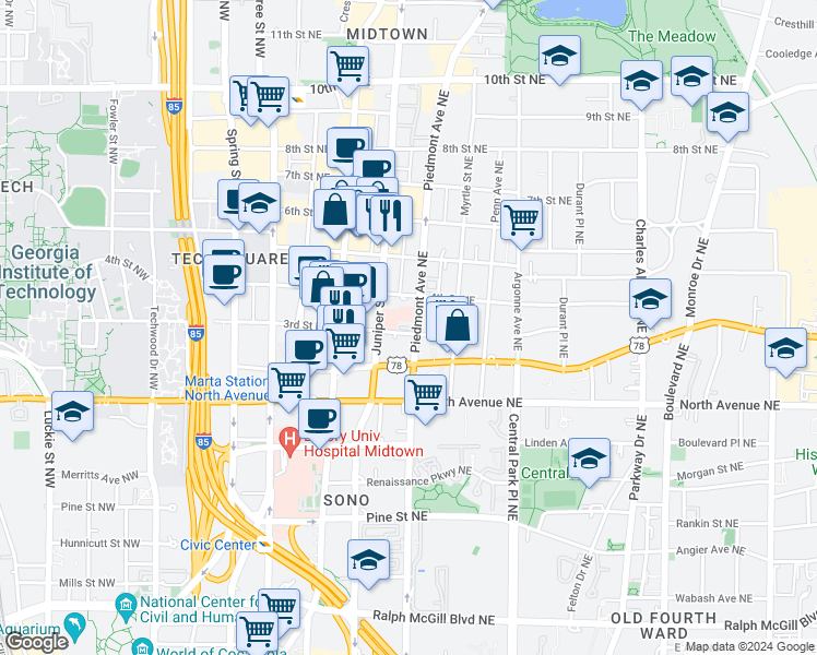 map of restaurants, bars, coffee shops, grocery stores, and more near 700 Piedmont Avenue Northeast in Atlanta