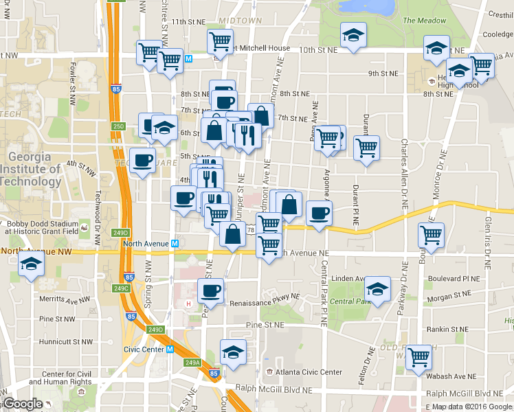 map of restaurants, bars, coffee shops, grocery stores, and more near 705 Juniper Street Northeast in Atlanta