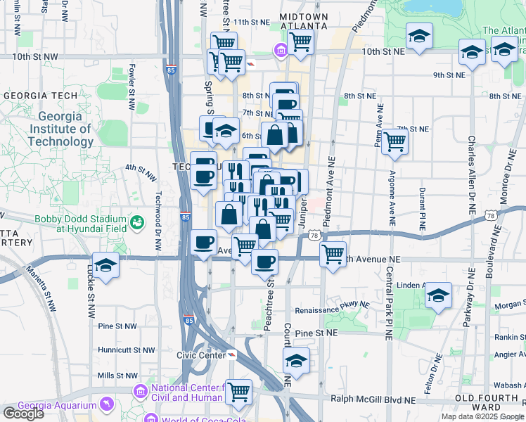 map of restaurants, bars, coffee shops, grocery stores, and more near 710 West Peachtree Street Northwest in Atlanta