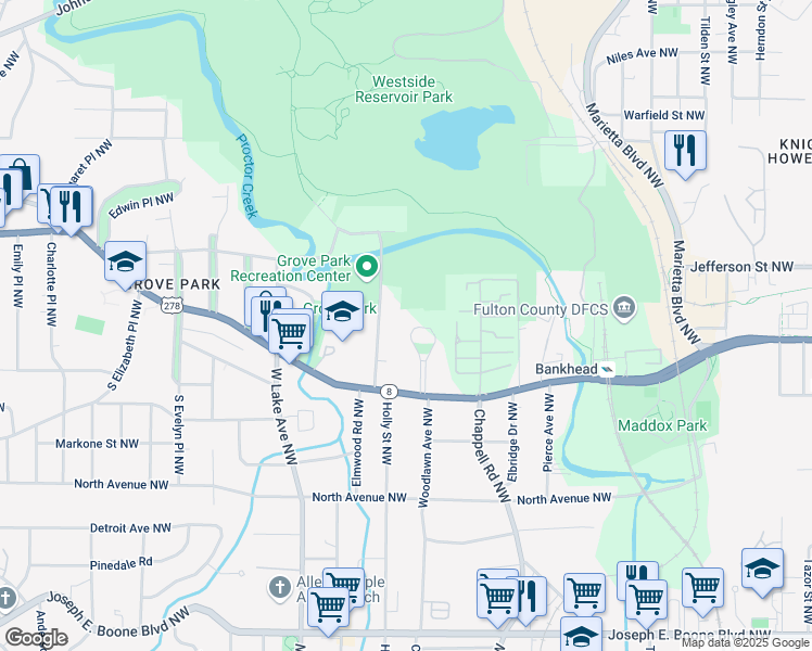 map of restaurants, bars, coffee shops, grocery stores, and more near 686 Elinor Place Northwest in Atlanta