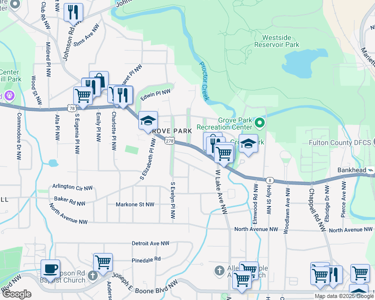 map of restaurants, bars, coffee shops, grocery stores, and more near 1720 U.S. 78 in Atlanta