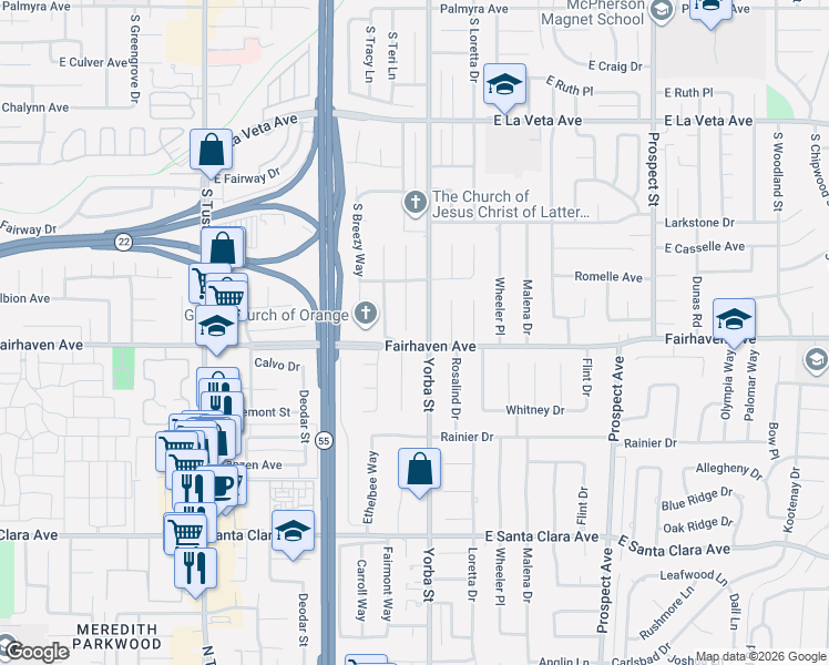 map of restaurants, bars, coffee shops, grocery stores, and more near 871 South Fairmont Way in Orange
