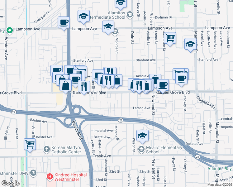 map of restaurants, bars, coffee shops, grocery stores, and more near 8342 Garden Grove Boulevard in Garden Grove