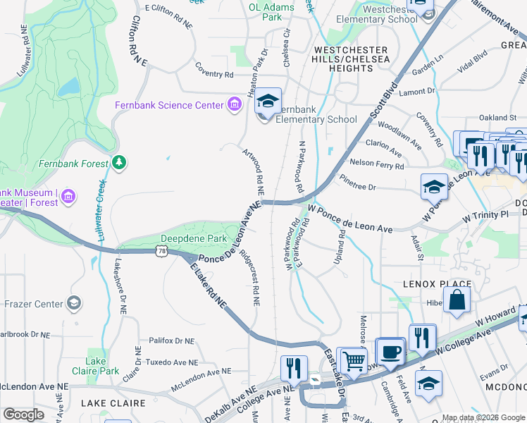 map of restaurants, bars, coffee shops, grocery stores, and more near 2173 North Ponce De Leon Avenue Northeast in Atlanta