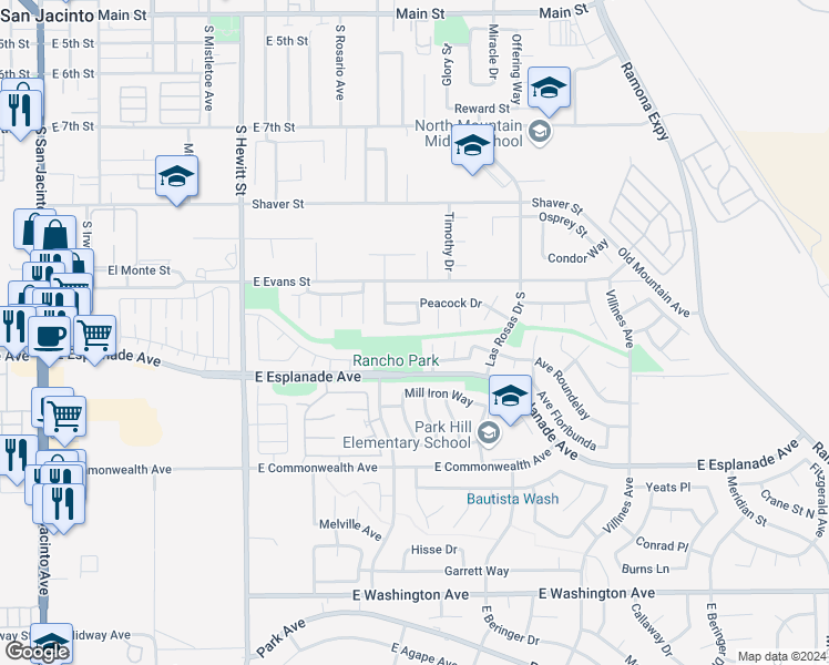 map of restaurants, bars, coffee shops, grocery stores, and more near 950 Shana Place in San Jacinto