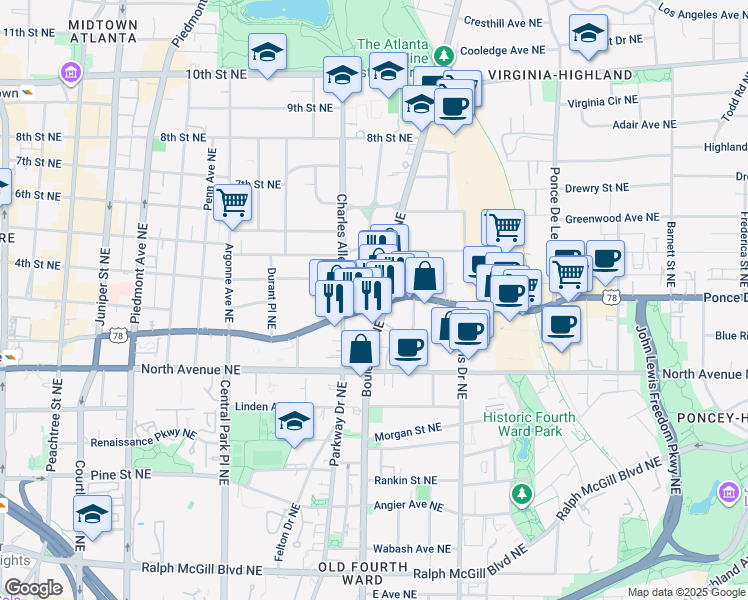 map of restaurants, bars, coffee shops, grocery stores, and more near 458 Ponce De Leon Avenue Northeast in Atlanta