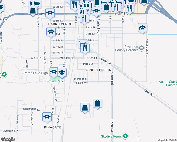 map of restaurants, bars, coffee shops, grocery stores, and more near 1315 Plaza Way in Perris