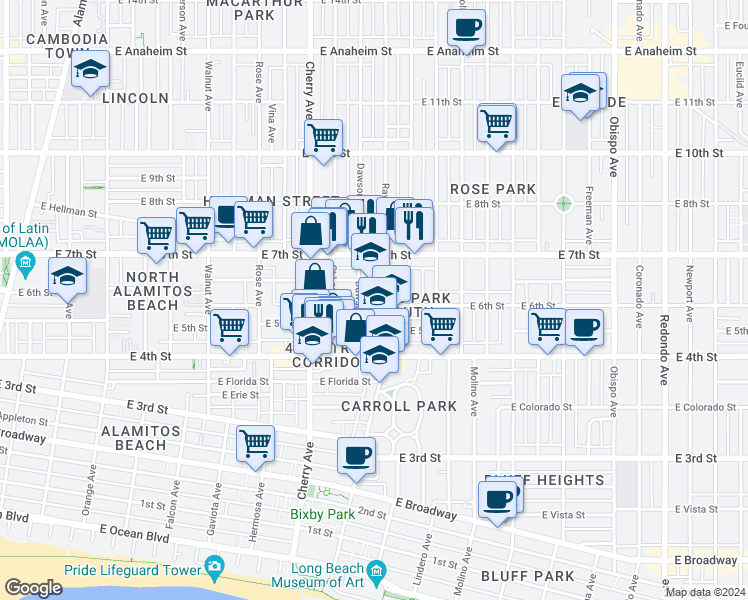 map of restaurants, bars, coffee shops, grocery stores, and more near 2230 6th Street in Long Beach