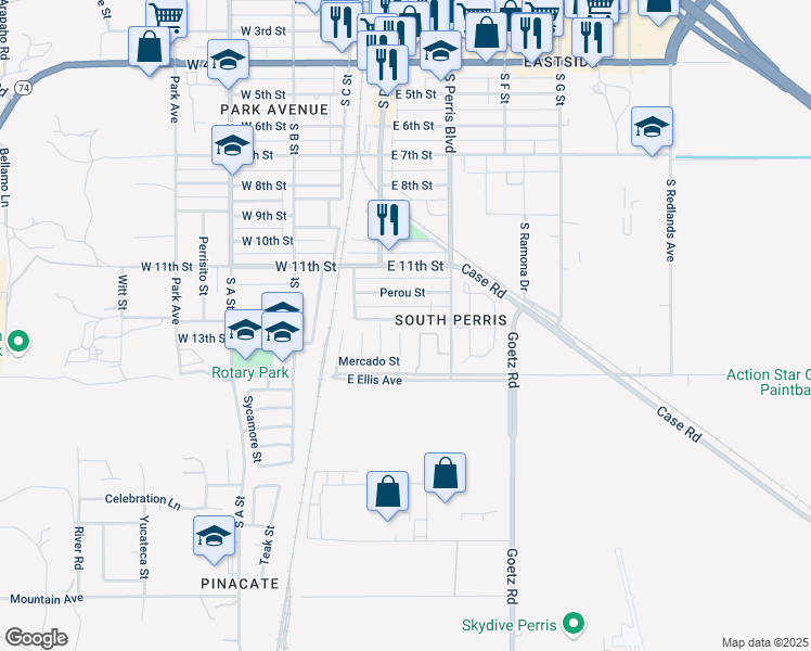 map of restaurants, bars, coffee shops, grocery stores, and more near 1315 Plaza Way in Perris