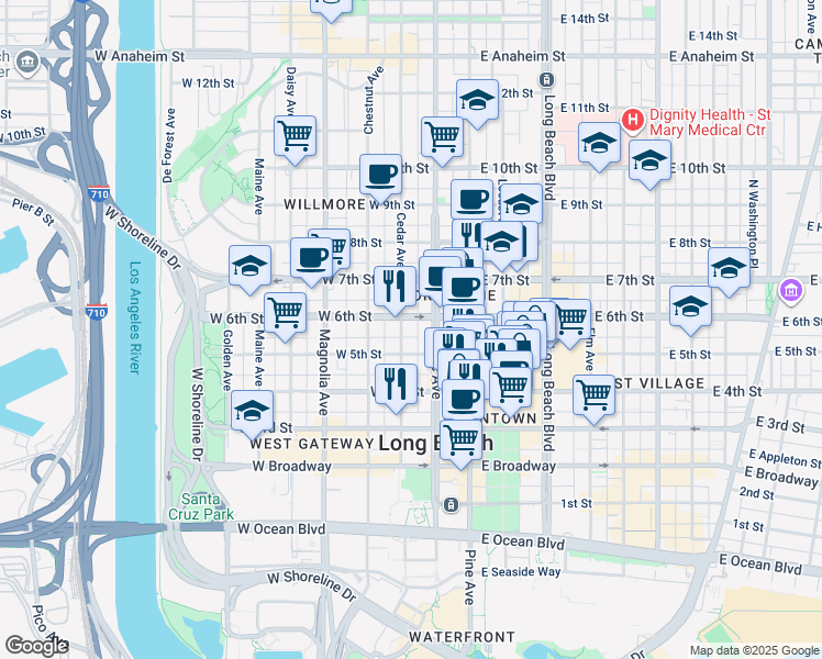 map of restaurants, bars, coffee shops, grocery stores, and more near 528 Cedar Avenue in Long Beach