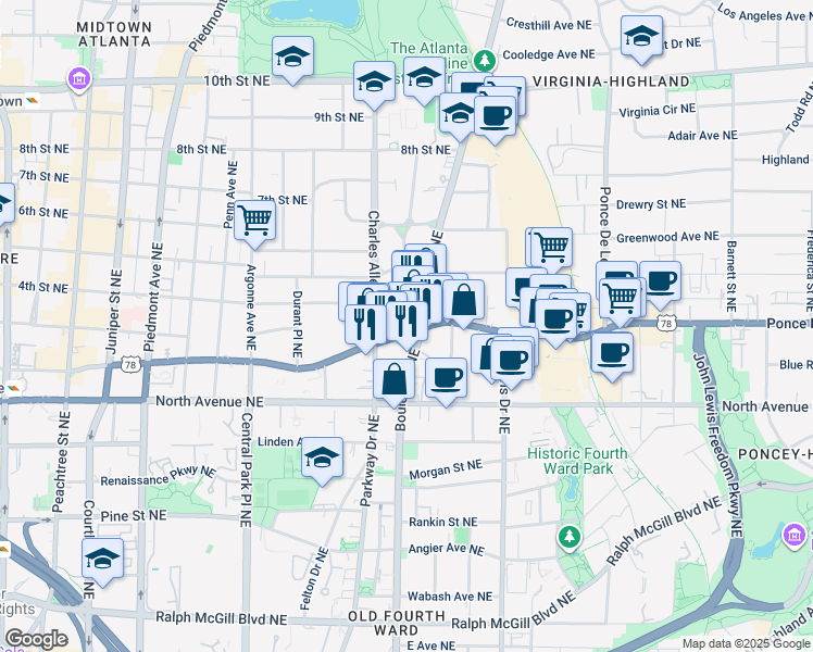 map of restaurants, bars, coffee shops, grocery stores, and more near 458 Ponce De Leon Avenue Northeast in Atlanta