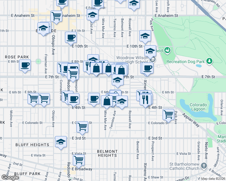 map of restaurants, bars, coffee shops, grocery stores, and more near 603 Termino Avenue in Long Beach