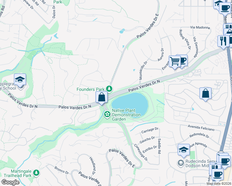 map of restaurants, bars, coffee shops, grocery stores, and more near 2357 Palos Verdes Drive North in Rolling Hills Estates