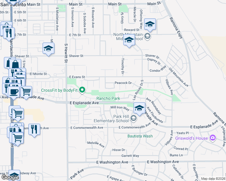 map of restaurants, bars, coffee shops, grocery stores, and more near 950 Shana Place in San Jacinto