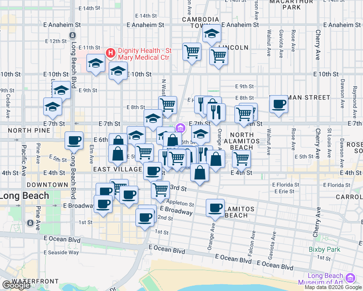map of restaurants, bars, coffee shops, grocery stores, and more near 938 East 6th Street in Long Beach