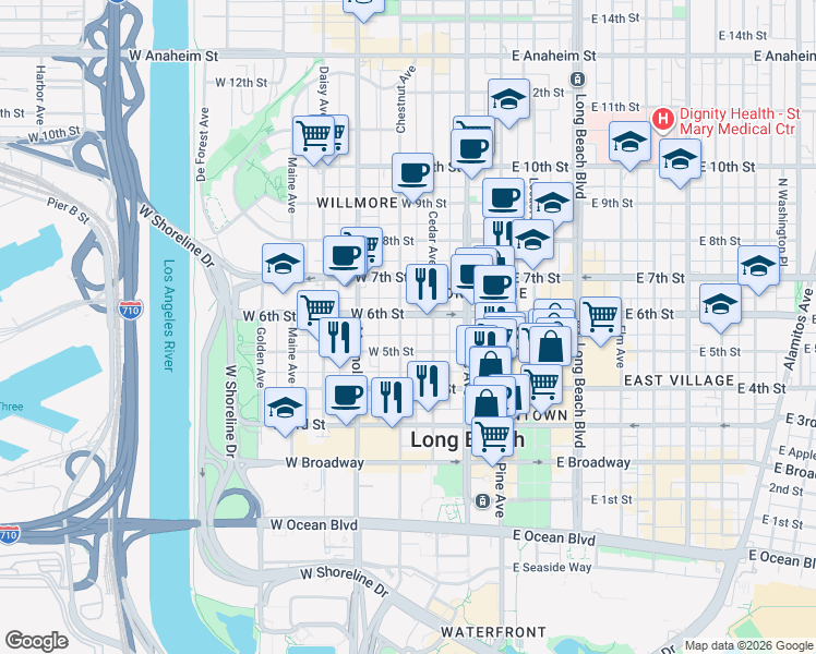 map of restaurants, bars, coffee shops, grocery stores, and more near 314 West 6th Street in Long Beach