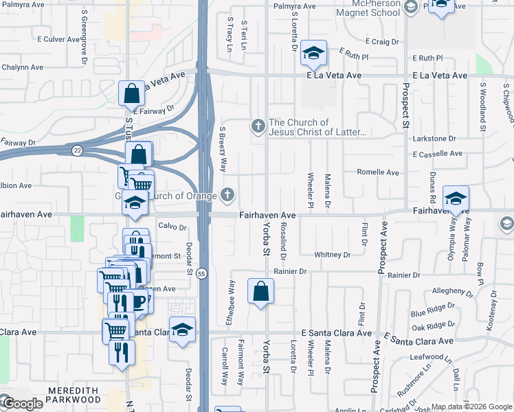 map of restaurants, bars, coffee shops, grocery stores, and more near 871 South Fairmont Way in Orange